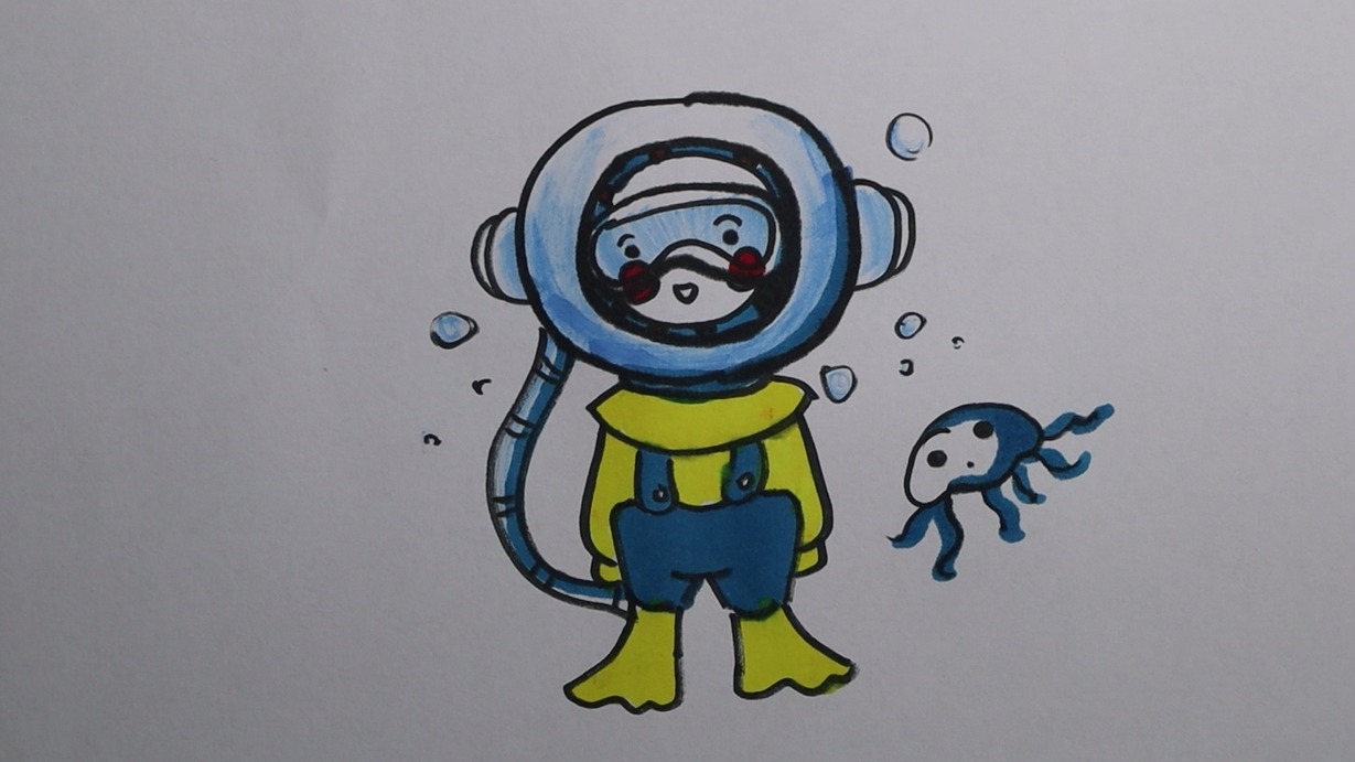 潜水员简笔画简单彩色图片